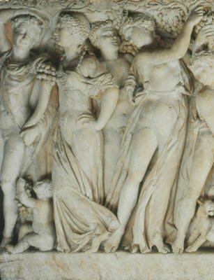 Unknown Roman artist - Sarcophagus with Revelers Gathering Grapes (detail: left third of overall), about 225 AD