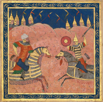 Iranian, Shiraz - Miniature from the Shahnameh: Rustam Fighting with Suhrab, 14th century
