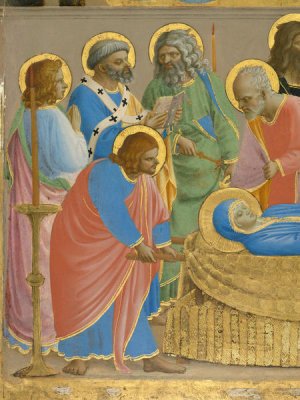 Fra Angelico - The Dormition and Assumption of the Virgin (detail: St. Peter reading the office of the dead), 1424-1434