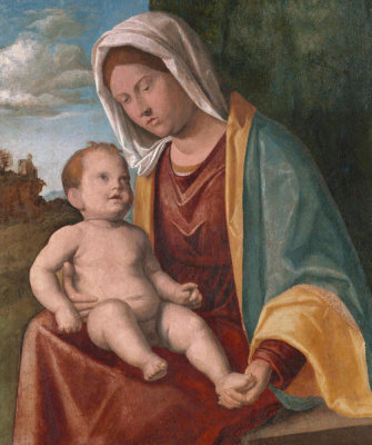 Studio of Cima da Conegliano - Virgin and Child before a Curtained Landscape, about 1505-1515