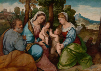 Bonifazio de' Pitati - Virgin and Child in a Landscape with St. Joseph, the Infant St. John the Baptist, and St. Elizabeth, 1520-1525